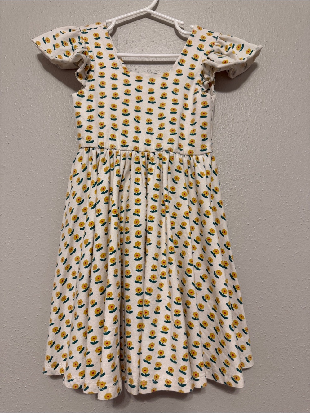 Alice + Ames Twirly White Dress with Yellow Floral Print and Flutter Sleeves